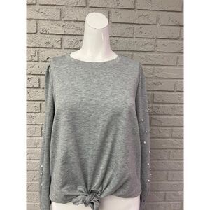 Skonhet Women Gray Faux Pearl Long Sleeve Tie Front Top Size M